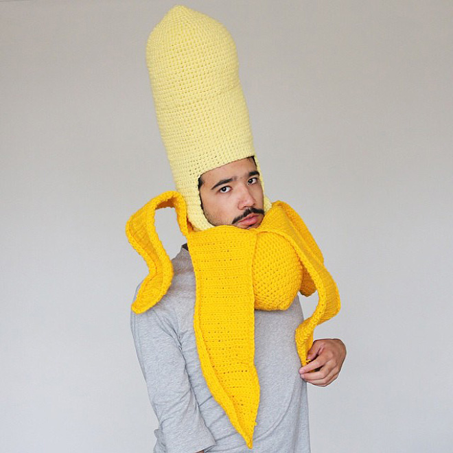 Hilarious crocheted food hat.