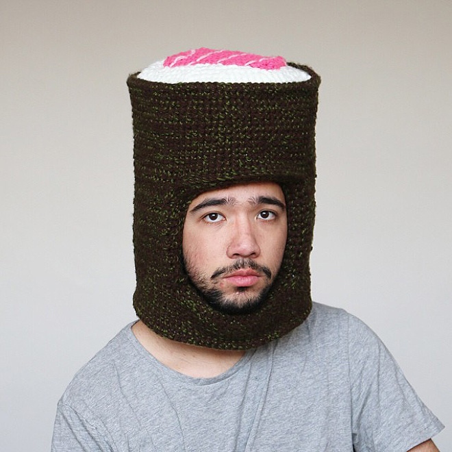 Hilarious crocheted food hat.