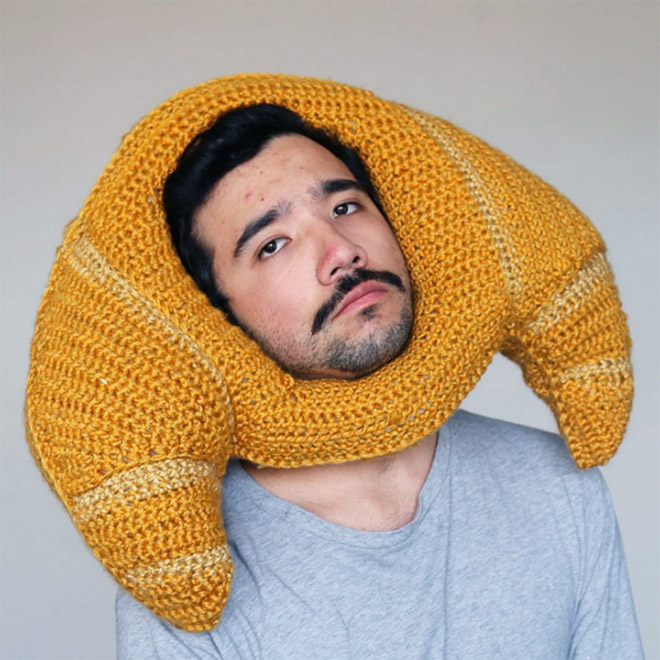 Hilarious crocheted food hat.