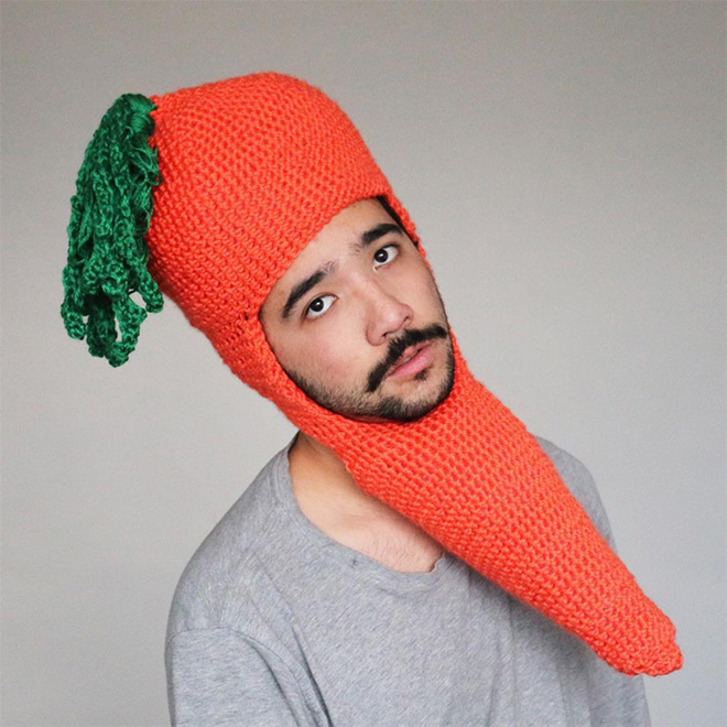 Hilarious crocheted food hat.