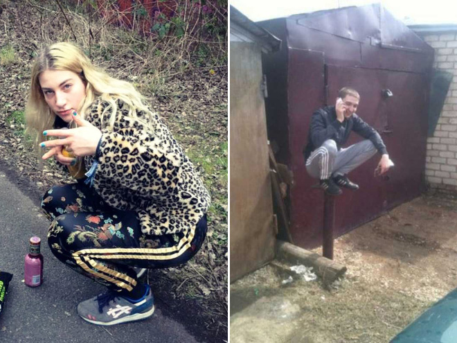 Russians love squatting while wearing tracksuits.