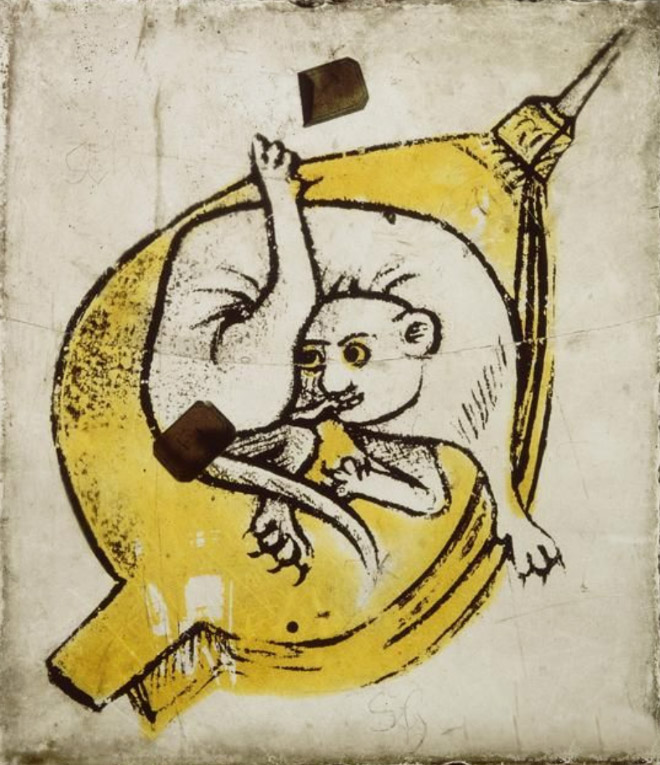 Medieval painting of cat licking his own butt.