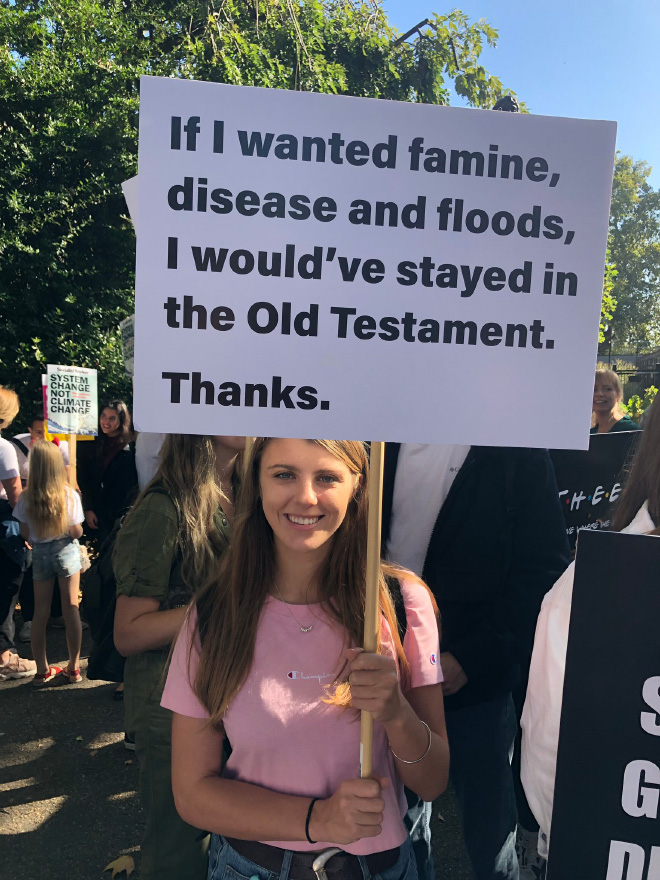 Funny climate change protest sign.