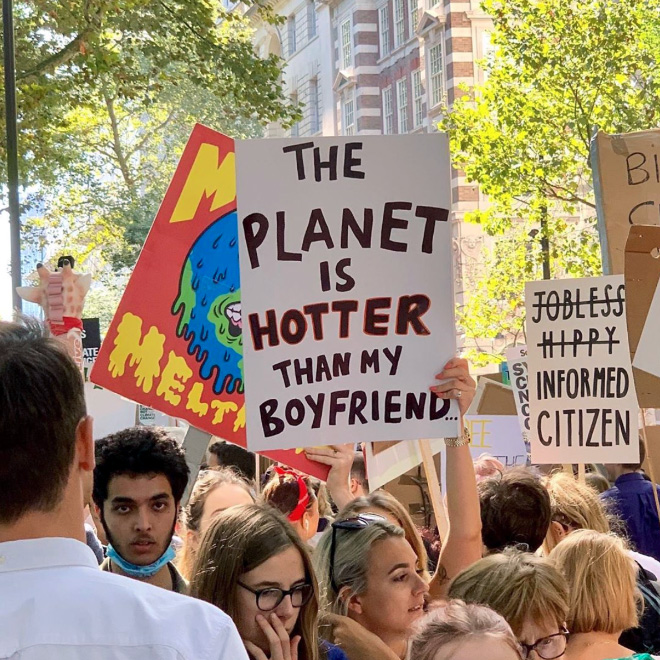 Funny climate change protest sign.