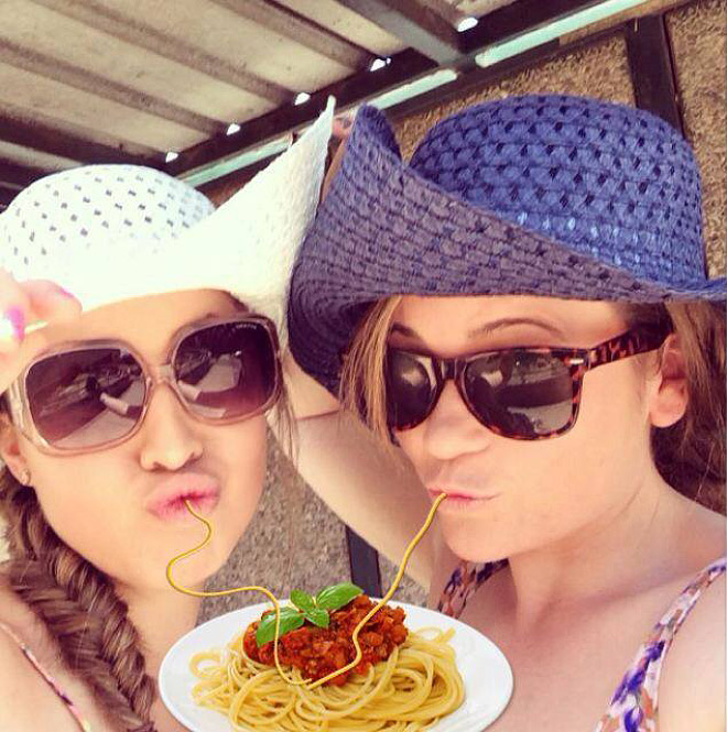 Duckface selfie fixed with spaghetti.