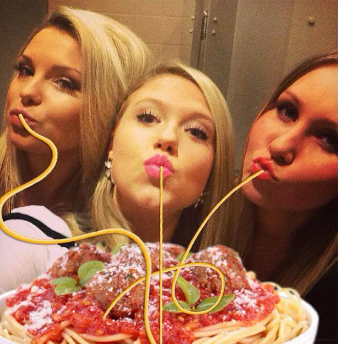 Duckface selfie fixed with spaghetti.