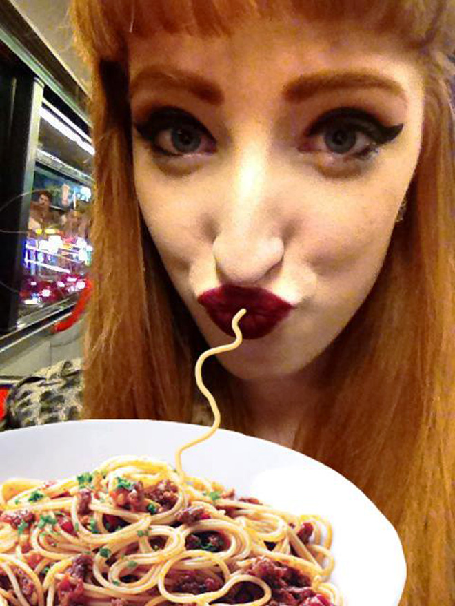 Duckface selfie fixed with spaghetti.
