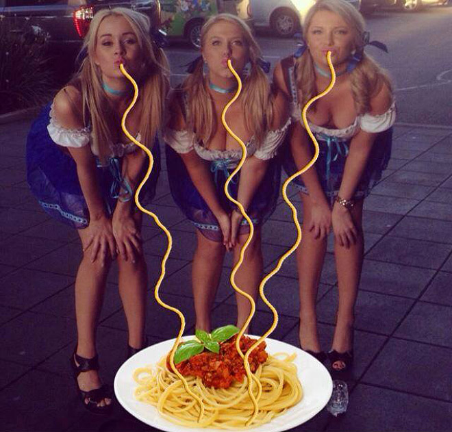 Duckface selfie fixed with spaghetti.