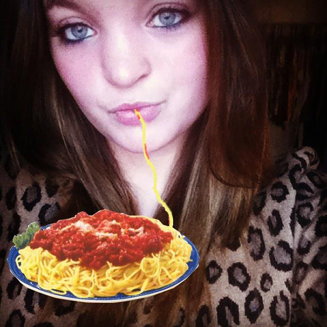 Duckface selfie fixed with spaghetti.