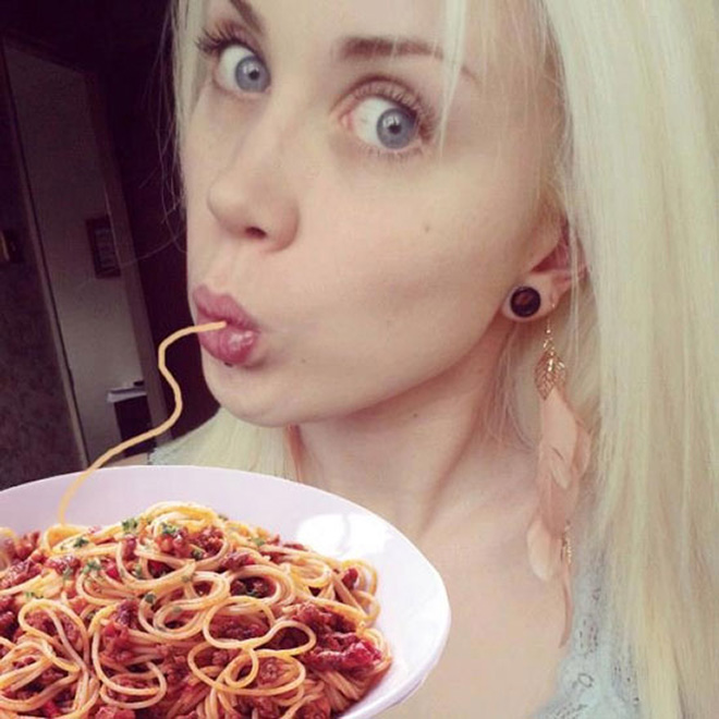 Duckface selfie fixed with spaghetti.