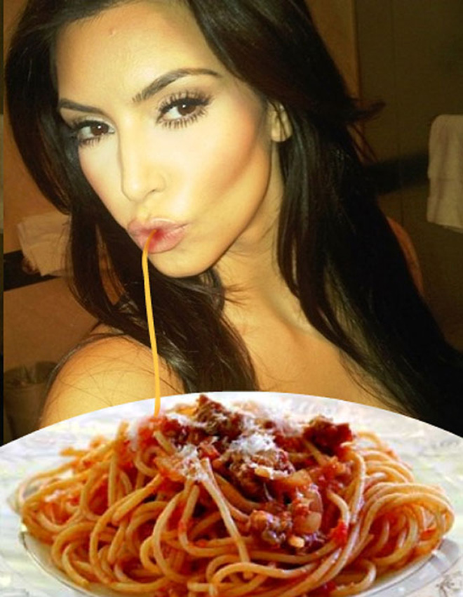 Duckface selfie fixed with spaghetti.