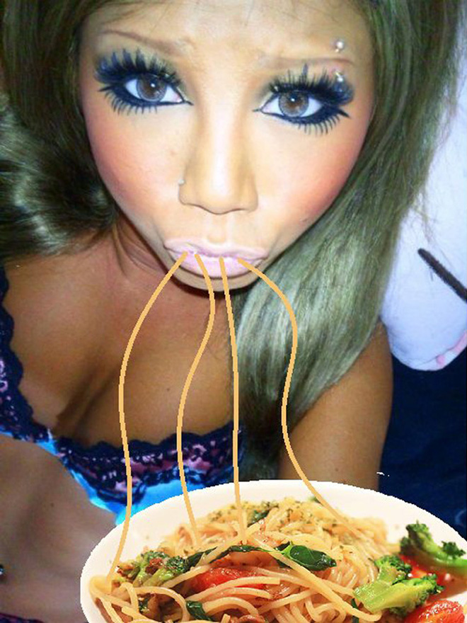 Duckface selfie fixed with spaghetti.