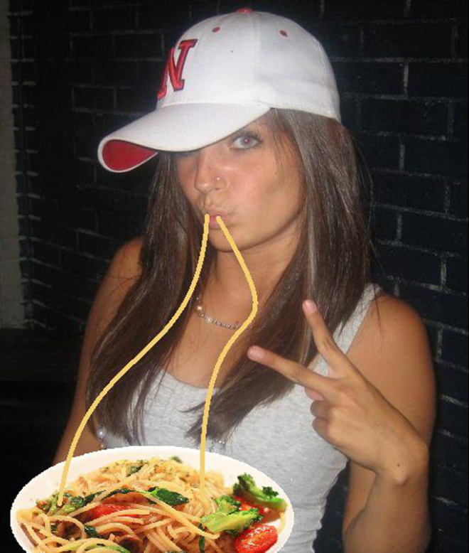 Duckface selfie fixed with spaghetti.