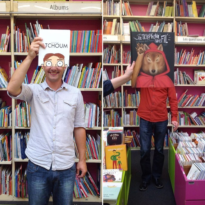 Bookstore employees having some fun.