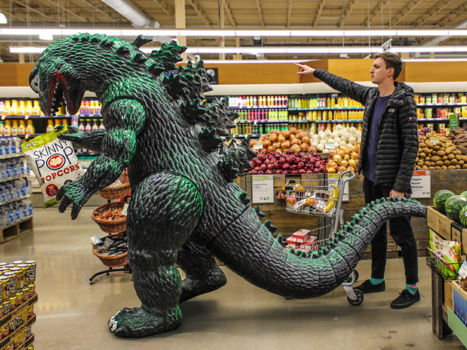Hanging out with Godzilla.