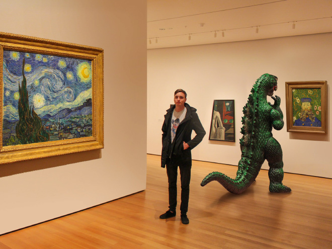 Hanging out with Godzilla.