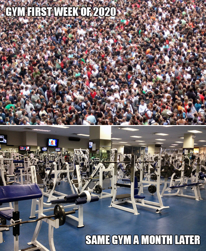 First week of the new year vs. same gym a month later.