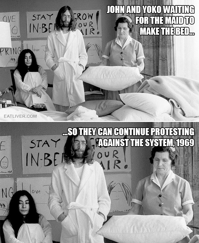 John and Yoko waiting for the maid to make the bed so they can continue protesting against the system, 1969.