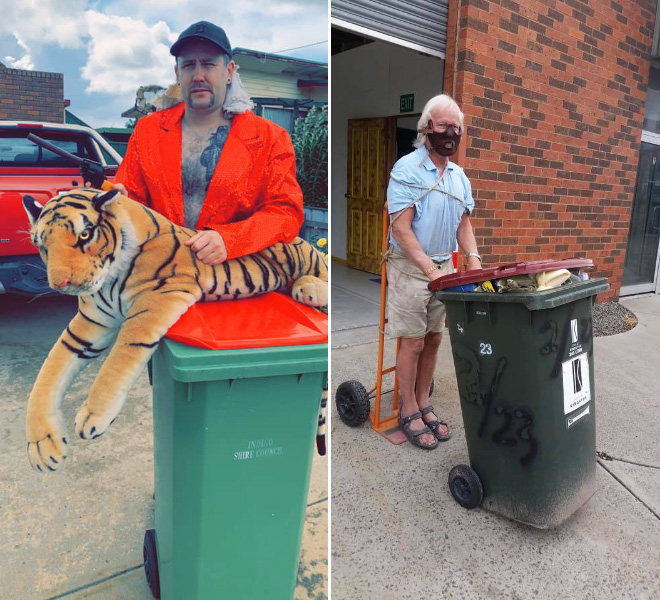 Taking out the trash in a costume.