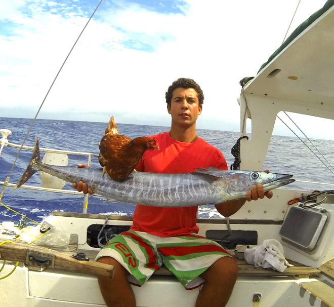 Sailing together with a pet chicken.