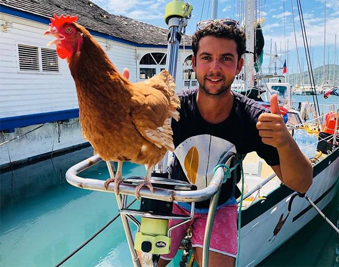 Sailing together with a pet chicken.