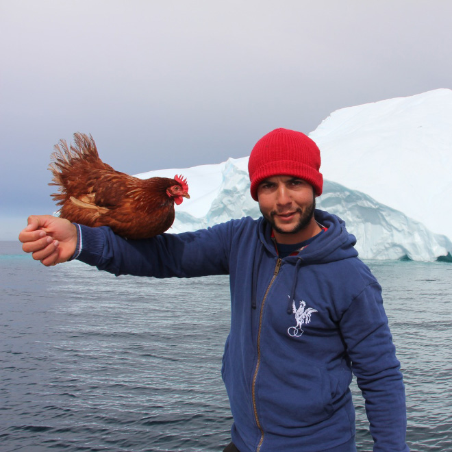 Sailing together with a pet chicken.