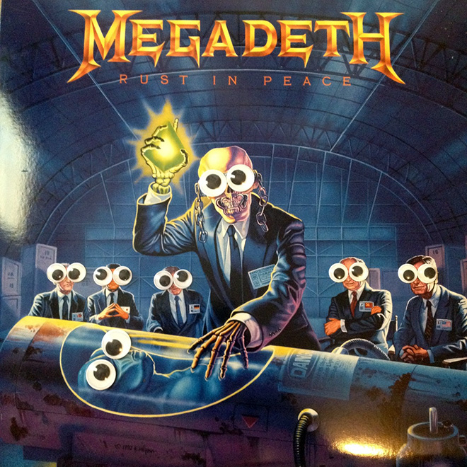 Heavy metal album with googly eyes.