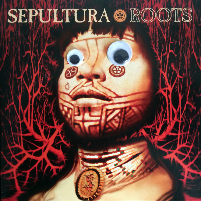 Heavy metal album with googly eyes.