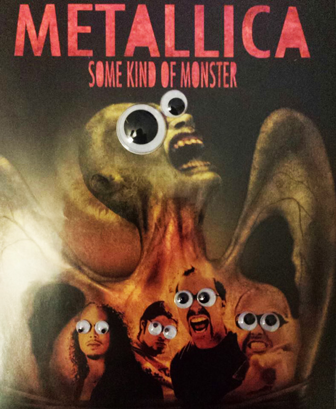 Heavy metal album with googly eyes.