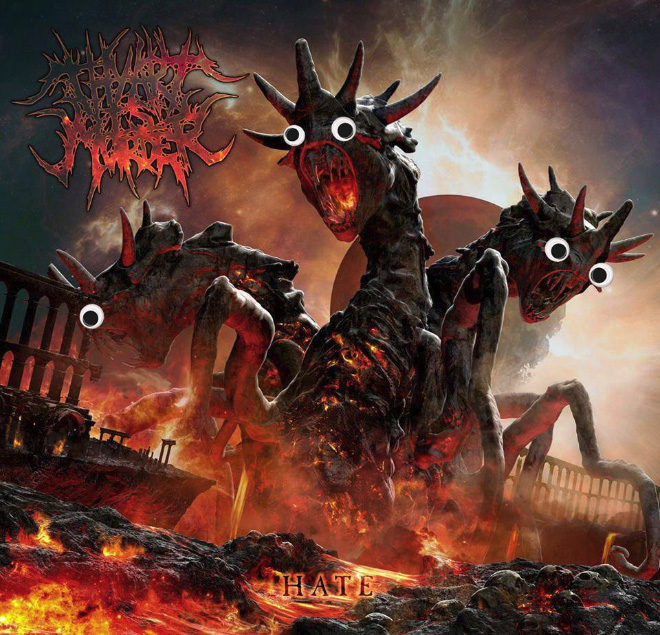 Heavy metal album with googly eyes.