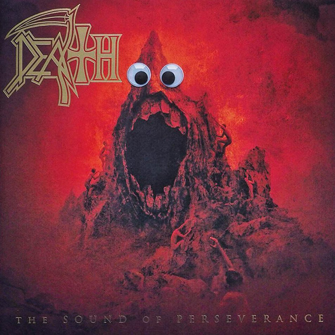 Heavy metal album with googly eyes.