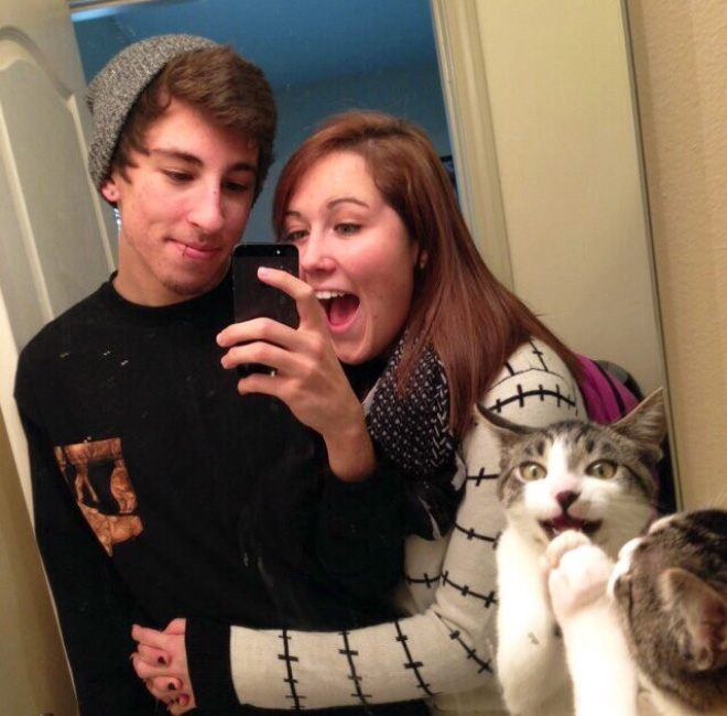 Funny photobombing cat.