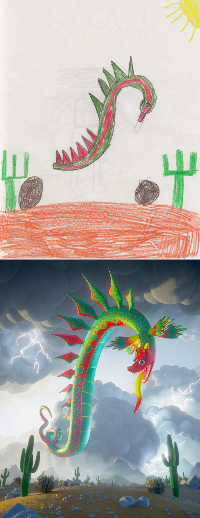 When kids' doodles get recreated by a professional artist.