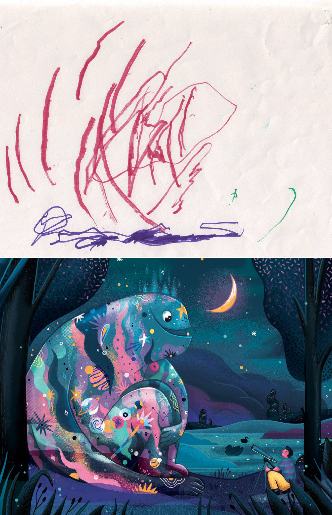 When kids' doodles get recreated by a professional artist.