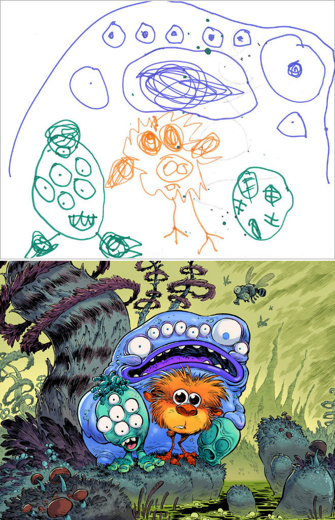 When kids' doodles get recreated by a professional artist.