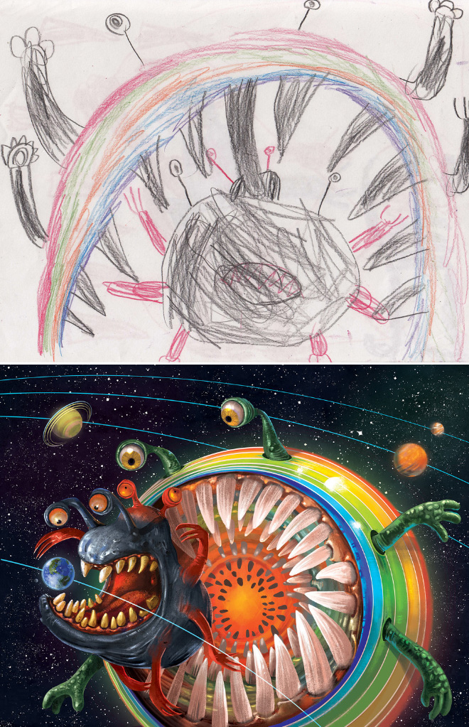 When kids' doodles get recreated by a professional artist.