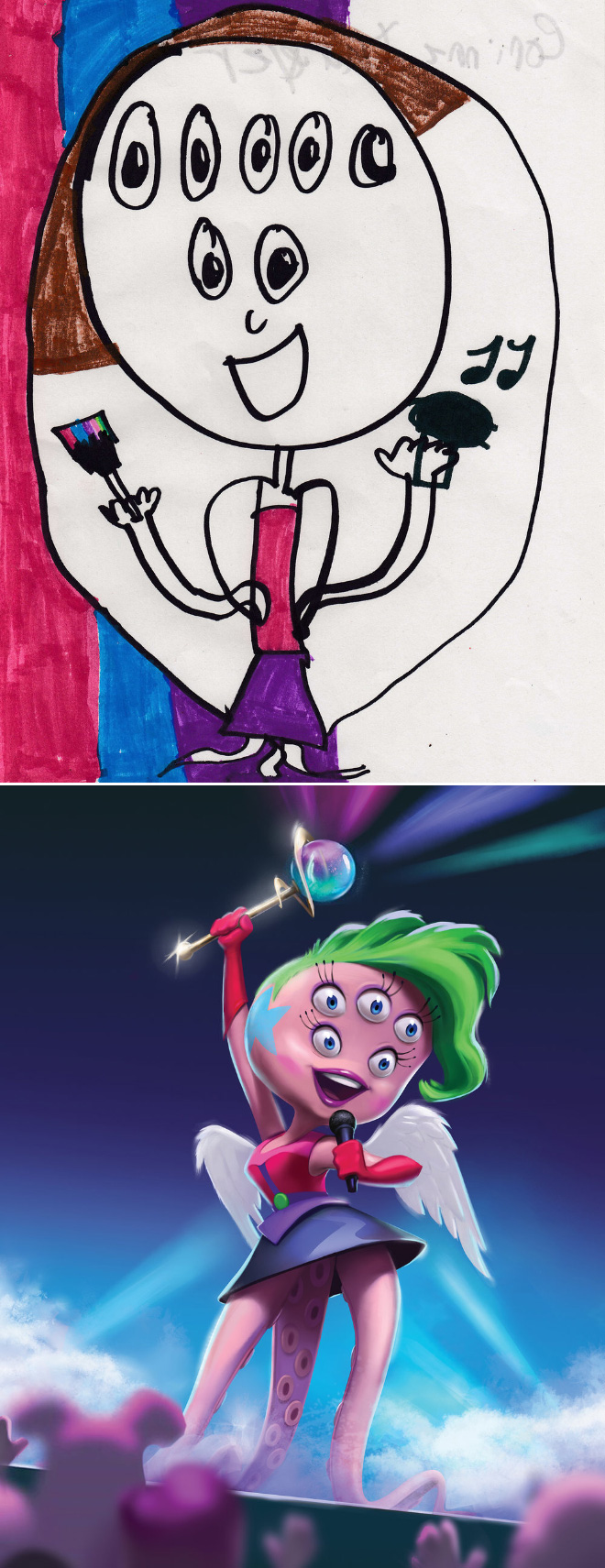 When kids' doodles get recreated by a professional artist.