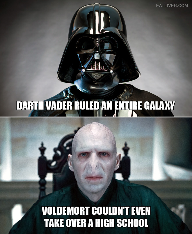 Darth Vader ruled an entire galaxy. Voldemort couldn't even take over a high school.