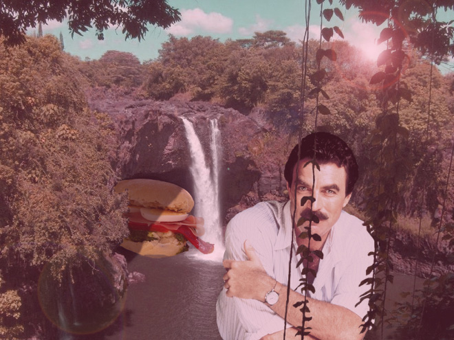 Tom Selleck hanging out with a sandwich in a waterfall.