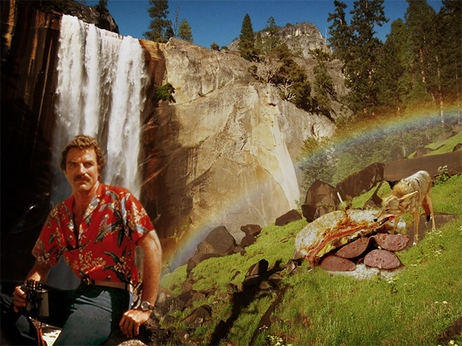 Tom Selleck hanging out with a sandwich in a waterfall.