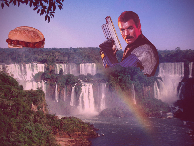 Tom Selleck hanging out with a sandwich in a waterfall.