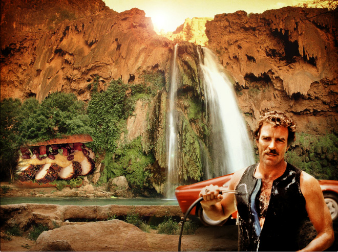 Tom Selleck hanging out with a sandwich in a waterfall.