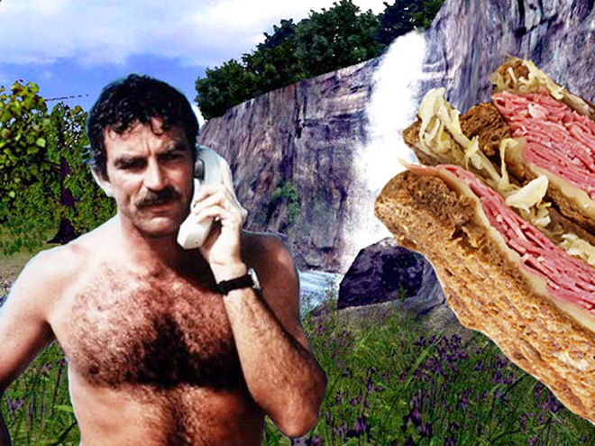 Tom Selleck hanging out with a sandwich in a waterfall.