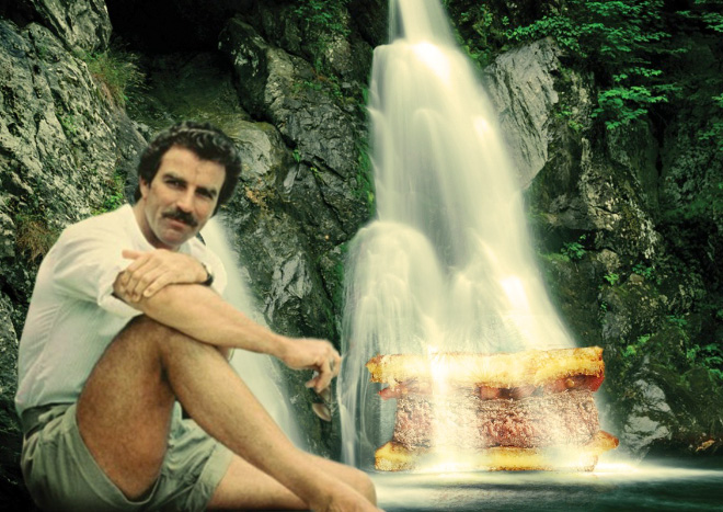 Tom Selleck hanging out with a sandwich in a waterfall.