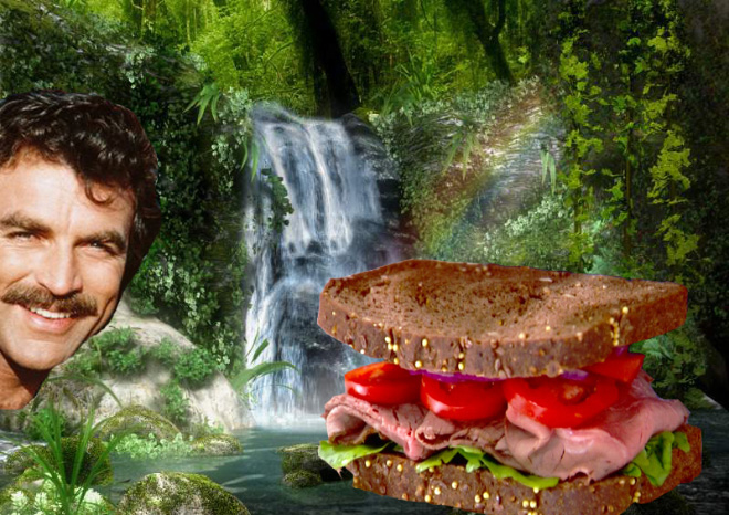 Tom Selleck hanging out with a sandwich in a waterfall.