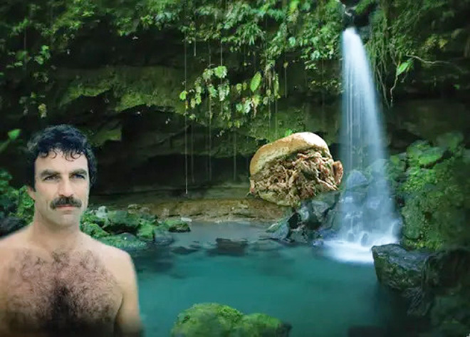 Tom Selleck hanging out with a sandwich in a waterfall.