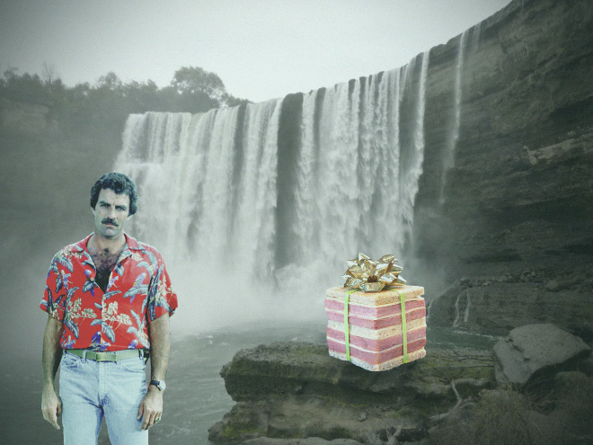 Tom Selleck hanging out with a sandwich in a waterfall.