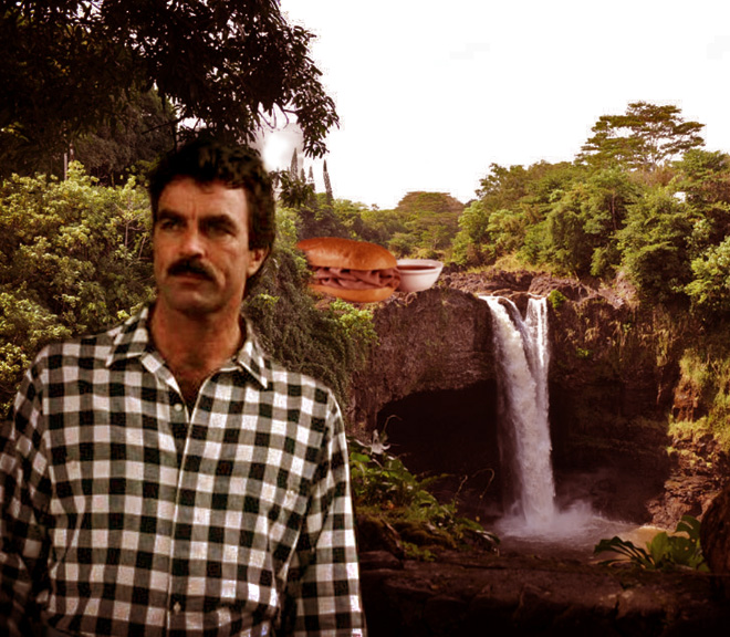 Tom Selleck hanging out with a sandwich in a waterfall.