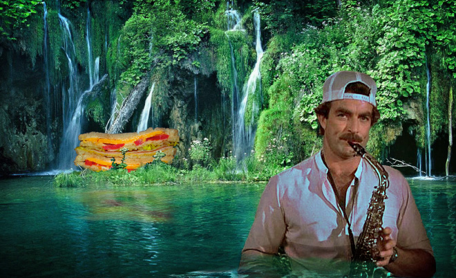 Tom Selleck hanging out with a sandwich in a waterfall.