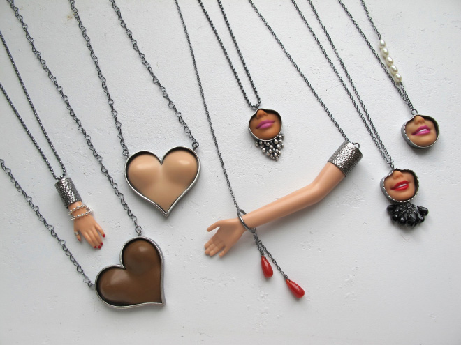 Jewelry made from chopped up Barbie parts.